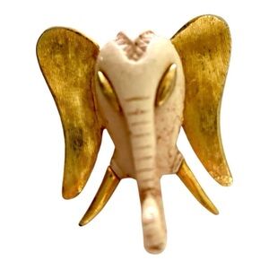 Razza Signed Vintage Elephant Head Brooch, Beige & Gold, 2” x 1 1/2”, Rare!